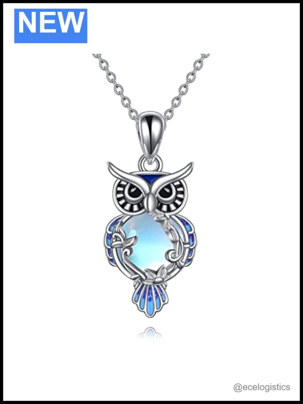 Sterling Silver Moonstone Owl Pendant Necklace 18+2 Inch Rolo Chain Gift